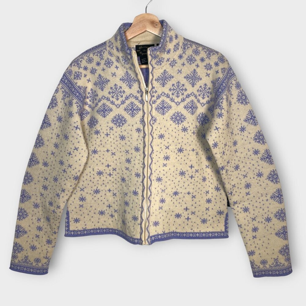 Obermeyer 100% Wool Cardigan Sweater M Full Zip Snowflake Cream